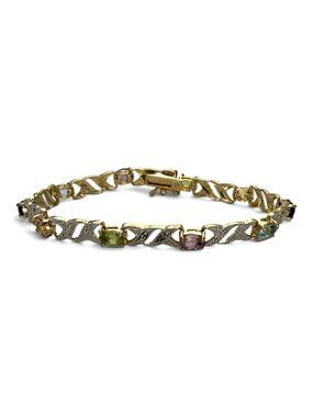 VTG FAS 925 Sterling Silver Multi Gemstone Tennis Bracelet Two-Tone, 7.25" Oval